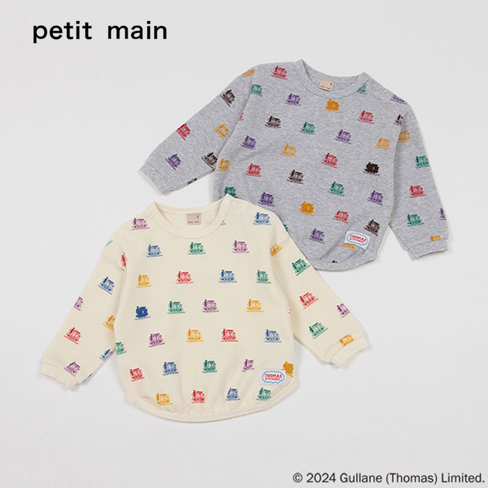 (10％OFF)(24ss)petit main （プティマイン）【きかんしゃトーマス】ワッフル総柄長袖Tシャツ-1209（80-120cm）【メール便OK】