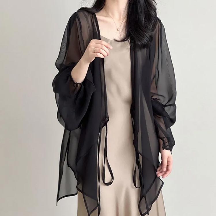 vネック ロングカーディガン 透け感 シアートップス ノーカラー レディース きれいめ ゆったり 長袖 サマーカーディガン バルーン袖 羽織 春 シアー シャツ 通気性 夏 大きいサイズ 薄手 通勤 オフィス シアーカーディガン children-veteements-10003440 Children vetements サンプル画像3