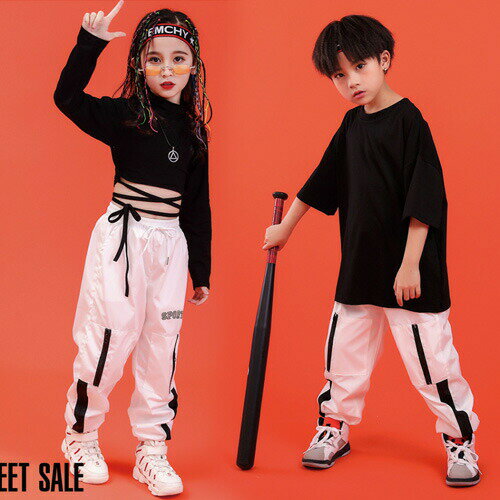 Rakuten - 韓国 子供服 キッズ ダンス衣装 半袖 ヒップホップ カジュアル セットアップ キッズ 男女兼用 上下セット 衣装 女の子ダンス 衣装 男の子 tシャツ ダンスパンツパーカー パンツ セットアップ 原宿系 ステージ衣装 dance 舞台服 練習着 派手 hiphop jazz