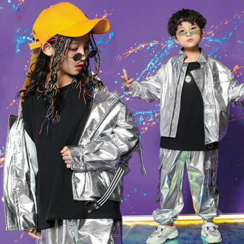韓国 子供服 キッズ ダンス衣装 シルバー ジャケット+ズボン ヒップホップ カジュアル セットアップ キッズ 男女兼用 上下セット 衣装 女の子ダンス 衣装 男の子 tシャツ ダンスパンツパーカー パンツ セットアップ 原宿系 ステージ衣装 dance 舞台服 練習着 派手