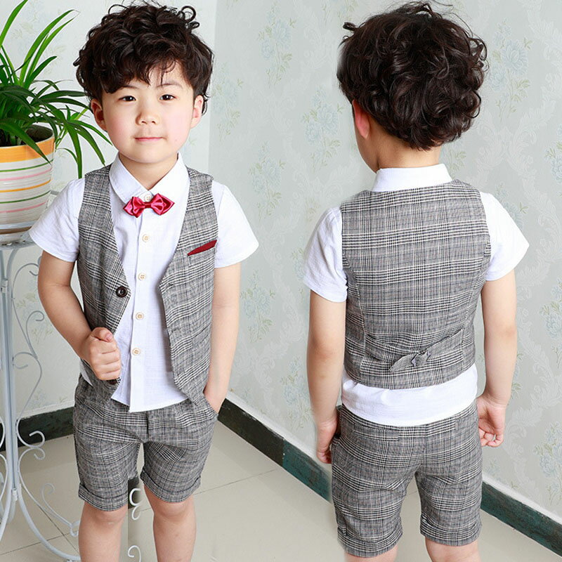 Rakuten - 子供 キッズ フォーマル スーツ 男の子 半袖 チェック柄 セットアップ 4点セット ベスト シャツ パンツ 蝶ネクタイ キッズ スーツ 男の子 卒業式 男子スーツ 小学校 入学式 七五三 入学式/卒業式/ピアノ発表会/冠婚葬祭90 100 110 120 130 140 150♪