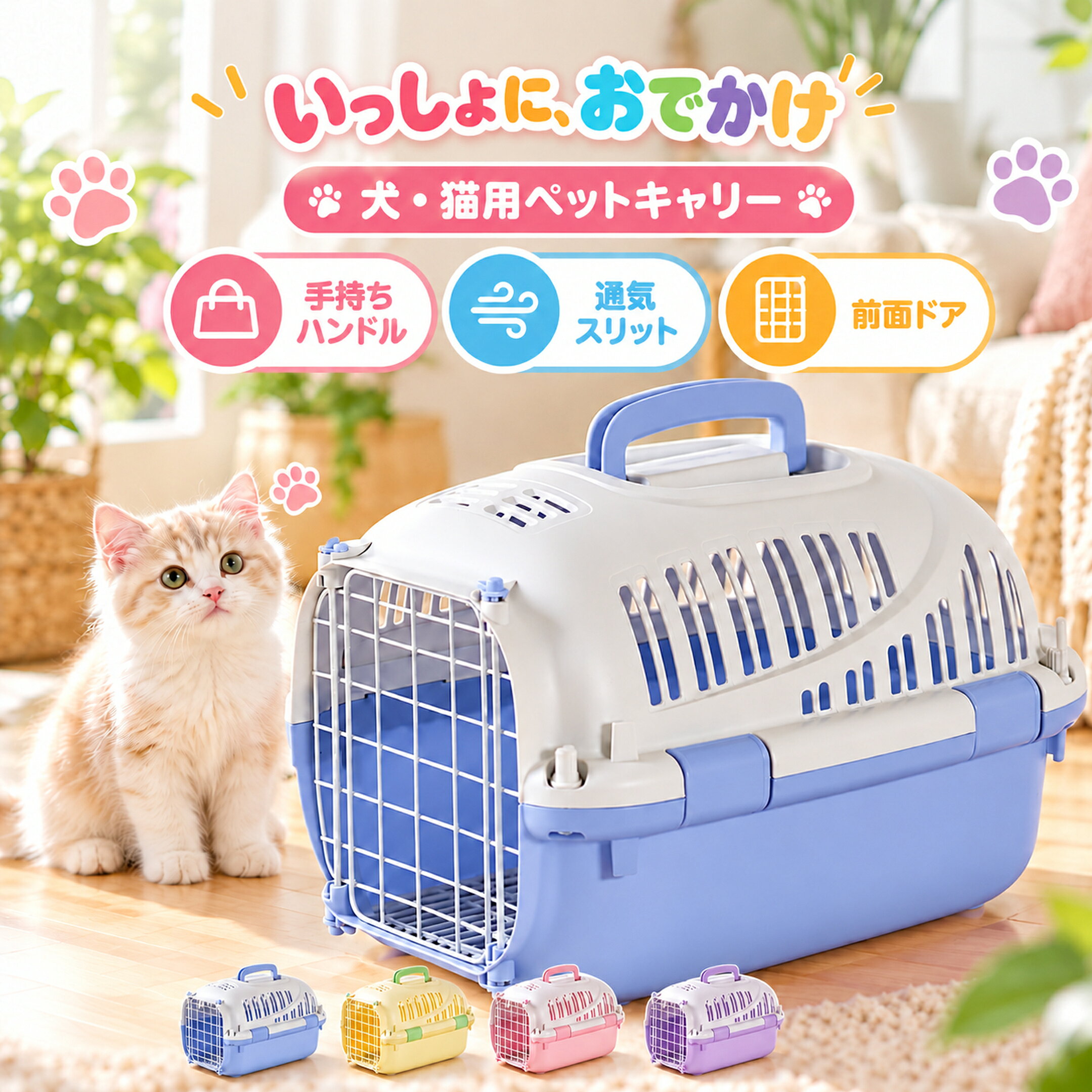 商品名ペットキャリー 犬 猫 ハードキャリー 小型犬 猫用 キャリーバッグ 手持ち 通院 外出 車移動 通気 4色サイズメーカー画像の外寸：約46×32×32cm素材・構造樹脂製本体、格子状の前面ドア。カラー・タイプブルー／イエロー／ピンク／パープル商品説明上部の手持ちハンドルで運ぶハードタイプ。側面と上部に通気スリットを設け、内部には格子状の底板を配置しています。移動前にドアの固定部と側面の留め具を確認し、通気口をふさがないようにご使用ください。ご注意外寸と内寸は異なります。ペットが中で自然に立ち、向きを変えられるか確認してお選びください。航空輸送への適合を保証する商品説明ではありません。商品名ペットキャリー 犬 猫 ハードキャリー 小型犬 猫用 キャリーバッグ 手持ち 通院 外出 車移動 通気 4色サイズメーカー画像の外寸：約46×32×32cm素材・構造樹脂製本体、格子状の前面ドア。カラー・タイプブルー／イエロー／ピンク／パープル商品説明上部の手持ちハンドルで運ぶハードタイプ。側面と上部に通気スリットを設け、内部には格子状の底板を配置しています。移動前にドアの固定部と側面の留め具を確認し、通気口をふさがないようにご使用ください。ご注意外寸と内寸は異なります。ペットが中で自然に立ち、向きを変えられるか確認してお選びください。航空輸送への適合を保証する商品説明ではありません。