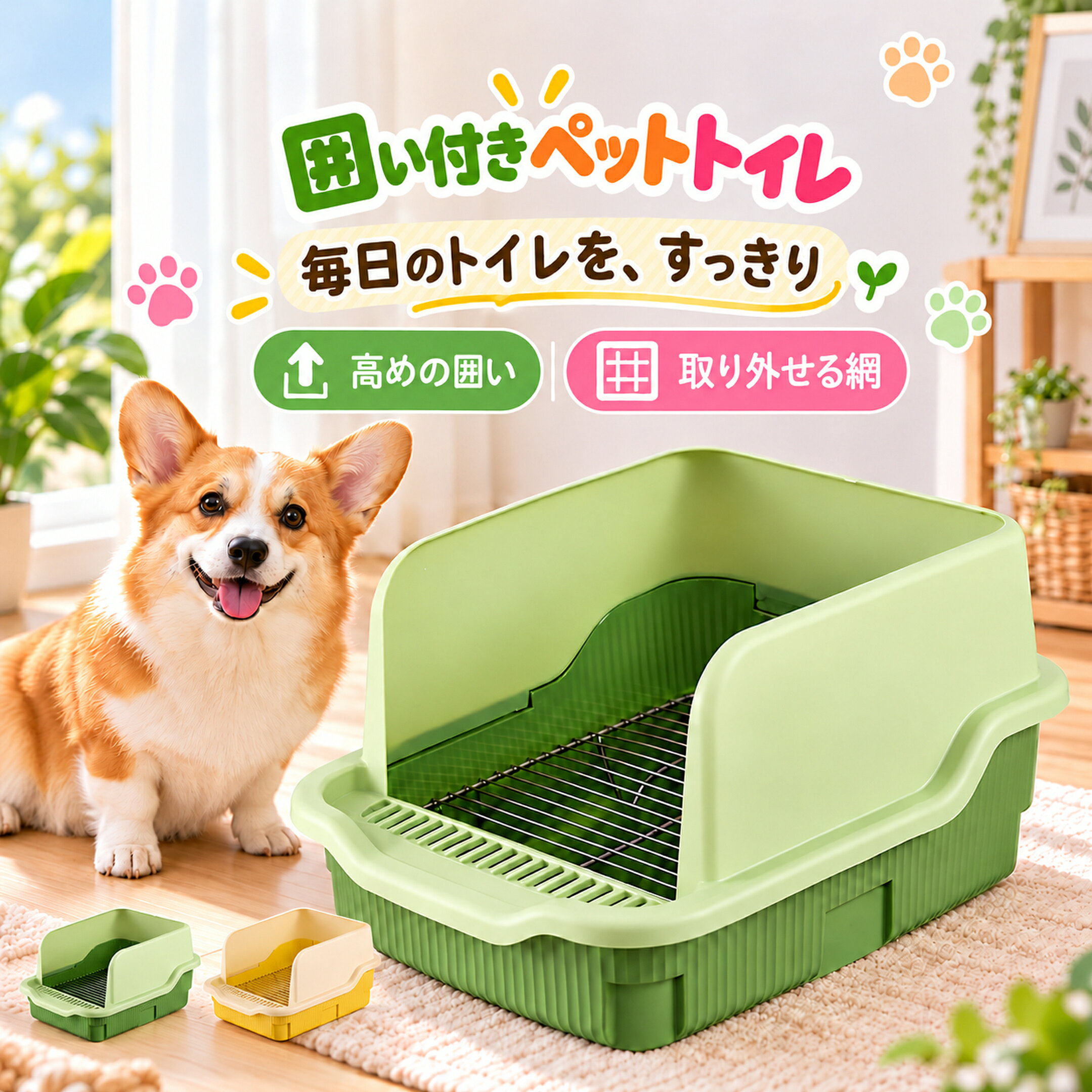 商品名犬用トイレ 囲い付き ペットトイレ 小型犬 高囲い 飛び散り対策 取り外せる金属網 分解 お手入れ グリーン イエローサイズ該当カラー画像の表記：約60.5×43×22cm素材・構造PP製本体、金属製の網。カラー・タイプグリーン／イエロー商品説明前面から出入りしやすい囲い付きの犬用トイレ。囲い・金属網・底トレーに分けられ、汚れを確認して洗えます。トレーにはペットシーツやトイレ砂を入れて使用できます。網の目はメーカー画像表記で約1.6cmです。ご注意ペットの足の大きさに合わせて選び、爪や足が引っかからないよう見守ってください。シーツ・トイレ砂は使用例です。採寸方法により多少の誤差が生じる場合があります。商品名犬用トイレ 囲い付き ペットトイレ 小型犬 高囲い 飛び散り対策 取り外せる金属網 分解 お手入れ グリーン イエローサイズ該当カラー画像の表記：約60.5×43×22cm素材・構造PP製本体、金属製の網。カラー・タイプグリーン／イエロー商品説明前面から出入りしやすい囲い付きの犬用トイレ。囲い・金属網・底トレーに分けられ、汚れを確認して洗えます。トレーにはペットシーツやトイレ砂を入れて使用できます。網の目はメーカー画像表記で約1.6cmです。ご注意ペットの足の大きさに合わせて選び、爪や足が引っかからないよう見守ってください。シーツ・トイレ砂は使用例です。採寸方法により多少の誤差が生じる場合があります。