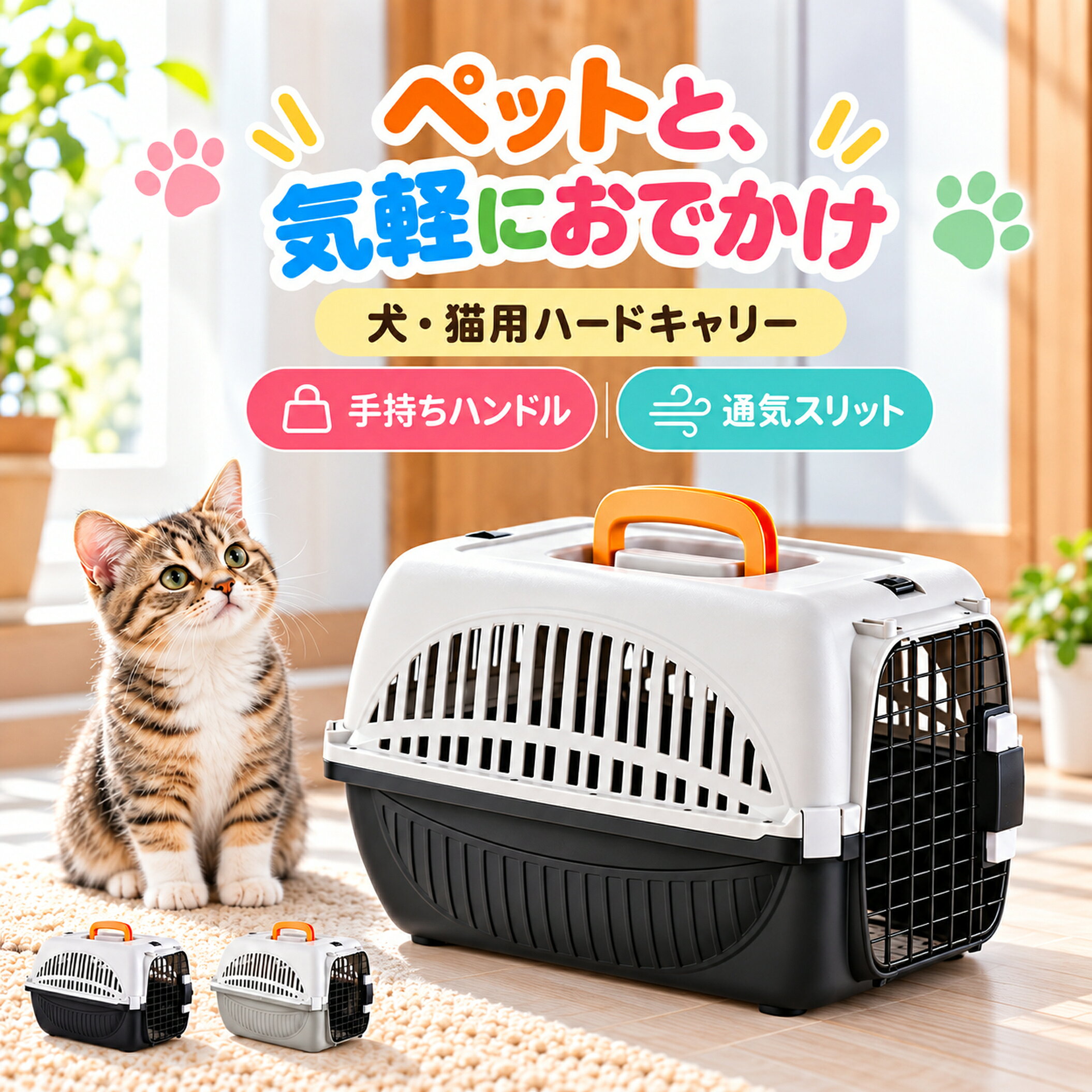 商品名ペットキャリー 犬 猫 ハードキャリー 小型犬 通院 外出 手持ち 通気スリット 金属ドア 樹脂ドア ブラック グレーサイズメーカー商品画像の外寸：約48×32×32cm素材・構造樹脂製本体。前面ドアは選択仕様により金属製または樹脂製。カラー・タイプブラック／グレー商品説明側面の通気スリットと上部の手持ちハンドルを備えたキャリー。上下のケースを留め具で固定します。掛け型ボウル付き仕様は飲水用の器をドア内側に固定し、外側の注水口から水を補充する構造です。お手入れは前面の入口から行ってください。ご注意ドア・ボウル・ベルト等の付属品は選択した仕様によって異なります。SKU画像は金属ドア仕様の使用例です。移動前にドアと固定部を確認してください。商品名ペットキャリー 犬 猫 ハードキャリー 小型犬 通院 外出 手持ち 通気スリット 金属ドア 樹脂ドア ブラック グレーサイズメーカー商品画像の外寸：約48×32×32cm素材・構造樹脂製本体。前面ドアは選択仕様により金属製または樹脂製。カラー・タイプブラック／グレー商品説明側面の通気スリットと上部の手持ちハンドルを備えたキャリー。上下のケースを留め具で固定します。掛け型ボウル付き仕様は飲水用の器をドア内側に固定し、外側の注水口から水を補充する構造です。お手入れは前面の入口から行ってください。ご注意ドア・ボウル・ベルト等の付属品は選択した仕様によって異なります。SKU画像は金属ドア仕様の使用例です。移動前にドアと固定部を確認してください。