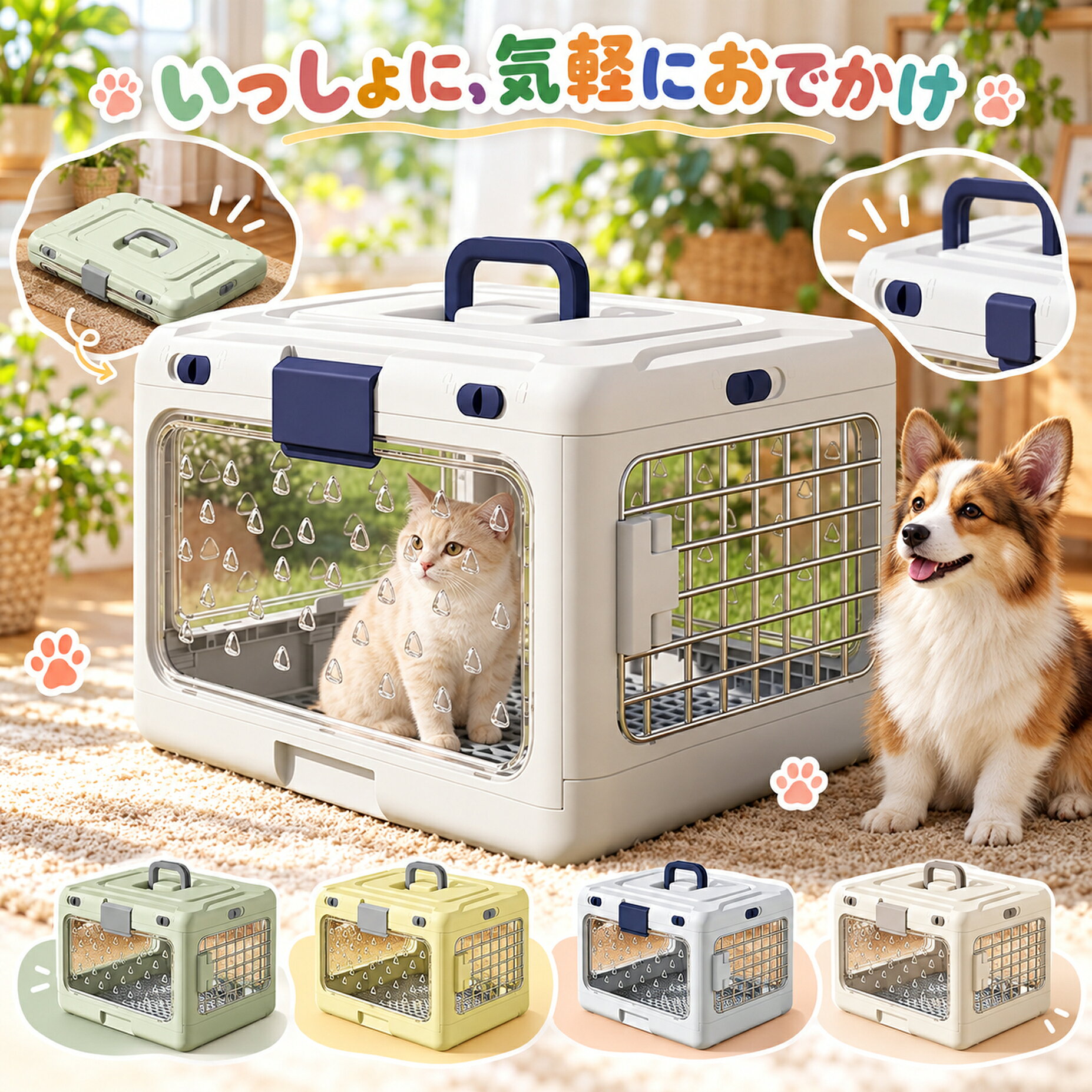 折りたたみ ペットキャリー 猫 小型犬 透明パネル ハードケース 金属格子ドア コンパクト収納 4色透明パネル越しに中の様子を確認できる折りたたみキャリー。通気孔、金属格子ドア、ハンドル、取り外せる底トレーを備えています。サイズ：約50×32×31cm（折りたたみ時：50×32×11cm）素材：PPカラー・タイプ：グリーン／イエロー／グレーホワイト／クリームご購入前にペットの体長・体高・体幅を測り、余裕のあるサイズをお選びください。使用前に扉・ファスナー・留め具の固定状態を確認してください。通気口をふさがず、直射日光や高温の場所を避けてご使用ください。汚れは柔らかい布で拭き取り、十分に乾かしてください。採寸方法により多少の誤差が生じる場合があります。画面環境により色の見え方が異なる場合があります。