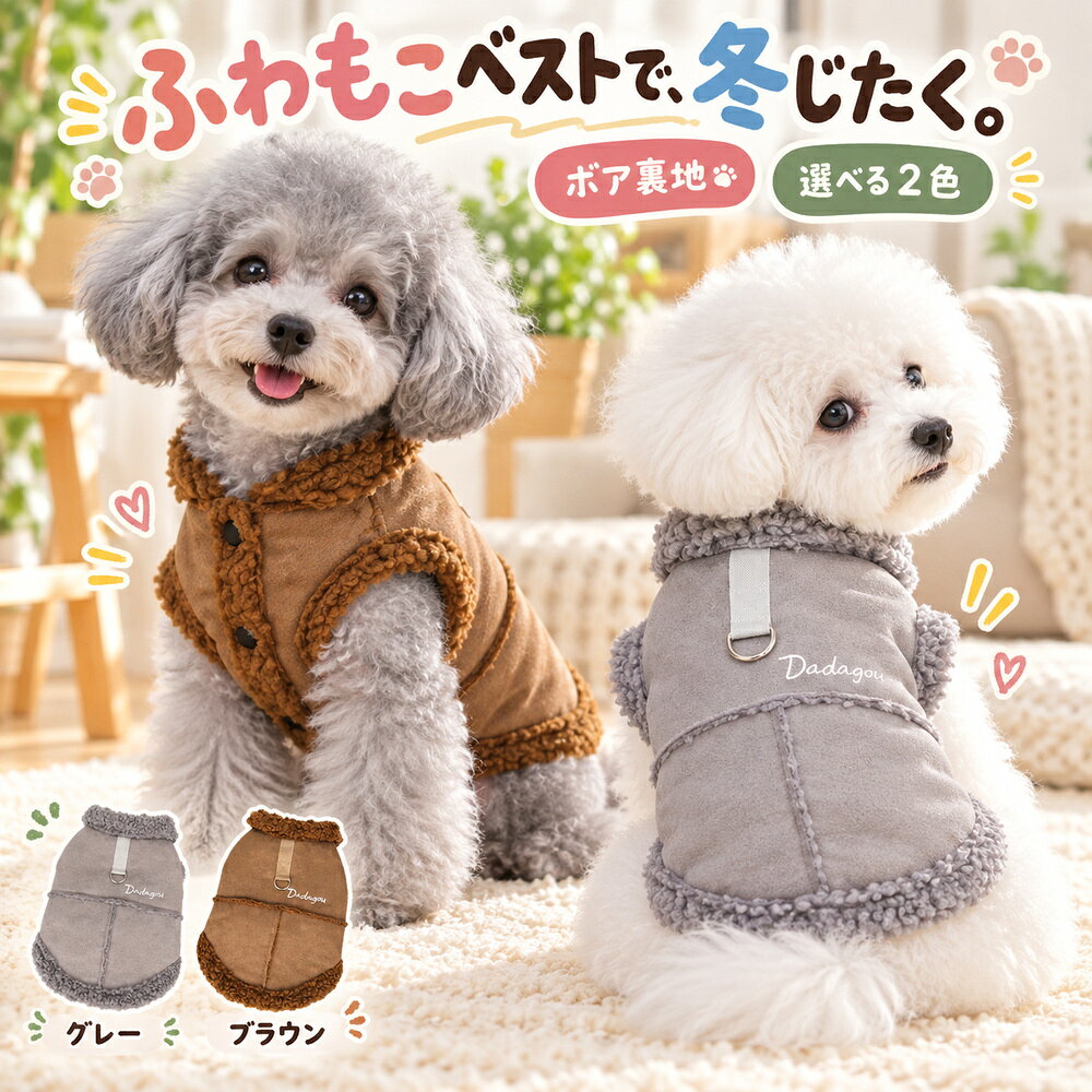 犬服 秋冬 ベスト ボア 裏起毛 スエード調 小型犬 中型犬 防寒 暖かい 厚手 袖なし 胸開き ボタン Dリング ドッグウェア ペット服 犬の服 重ね着 散歩 お出かけ シンプル グレー ブラウン S〜XXL チョッキ アウター ボア裏生地 冬用 犬用ブランド：なしメーカー型番：なし原産国：なし生地・構造スエード調の表地・ボア調の裏地。袖なし・胸側ボタン・背中Dリング・ボア縁取り。カラーグレー／ブラウンサイズ展開S／M／L／XL／XXL対象：犬内容：選択色・サイズの服1点季節：秋・冬ポイント1なめらかなスエード調の表地と起毛したボア調の裏地を組み合わせたベスト。本革製品ではありません。ポイント2衿・袖ぐり・裾のボア縁取りがアクセント。背中の切り替えと小さな刺しゅうで、後ろ姿にも表情を添えています。ポイント3胸側にボタンを配置した前開きタイプ。袖がないので、前脚を通してからゆっくり留められます。ポイント4背中のDリングはリード接続用の金具。使用前に金具や縫製を確認し、強く引く犬には別のハーネスを併用してください。ポイント5グレーとブラウンの2色、SからXXLまでの5サイズ。着丈・胴まわり・首まわりを照合して、体格に合うサイズをお選びください。サイズ表の見方下記は商品寸法の目安です。単位はcm。着丈は首の付け根から後ろ裾まで、胴まわりは前脚の後ろ側を測ります。サイズ着丈（cm）胴まわり（cm）／首まわり（cm）S2032／23M2537／26L3042／29XL3547／32XXL4052／35着用・お手入れ着用は飼い主の見守りのもとで行ってください。強い締め付けや擦れ、暑がる様子がある場合は脱がせてください。お手入れは実物の洗濯表示をご確認ください。ご購入前の確認採寸方法により1〜3cm程度の差が生じる場合があります。同じサイズ表記でも商品ごとに実寸が異なります。毛を押さえつけずに測り、胴まわりや脚の動きにゆとりを確保してください。犬種名や参考写真だけでサイズを決めないでください。画面環境により色の見え方が異なる場合があります。ペット・リード・撮影小物は付属しません。犬服 秋冬 ベスト ボア 裏起毛 スエード調 小型犬 中型犬 防寒 暖かい 厚手 袖なし 胸開き ボタン Dリング ドッグウェア ペット服 犬の服 重ね着 散歩 お出かけ シンプル グレー ブラウン S〜XXL チョッキ アウター ボア裏生地 冬用 犬用基本情報：ブランド：なし ／ メーカー型番：なし ／ 原産国：なし生地・構造：スエード調の表地・ボア調の裏地。袖なし・胸側ボタン・背中Dリング・ボア縁取り。カラー：グレー／ブラウンサイズ展開：S／M／L／XL／XXL対象：犬内容：選択色・サイズの服1点季節：秋・冬ポイント1なめらかなスエード調の表地と起毛したボア調の裏地を組み合わせたベスト。本革製品ではありません。ポイント2衿・袖ぐり・裾のボア縁取りがアクセント。背中の切り替えと小さな刺しゅうで、後ろ姿にも表情を添えています。ポイント3胸側にボタンを配置した前開きタイプ。袖がないので、前脚を通してからゆっくり留められます。ポイント4背中のDリングはリード接続用の金具。使用前に金具や縫製を確認し、強く引く犬には別のハーネスを併用してください。ポイント5グレーとブラウンの2色、SからXXLまでの5サイズ。着丈・胴まわり・首まわりを照合して、体格に合うサイズをお選びください。サイズ表の見方：下記は商品寸法の目安です。単位はcm。着丈は首の付け根から後ろ裾まで、胴まわりは前脚の後ろ側を測ります。サイズ着丈（cm）胴まわり（cm）首まわり（cm）S203223M253726L304229XL354732XXL405235着用・お手入れ：着用は飼い主の見守りのもとで行ってください。強い締め付けや擦れ、暑がる様子がある場合は脱がせてください。お手入れは実物の洗濯表示をご確認ください。ご購入前の確認：採寸方法により1〜3cm程度の差が生じる場合があります。同じサイズ表記でも商品ごとに実寸が異なります。毛を押さえつけずに測り、胴まわりや脚の動きにゆとりを確保してください。犬種名や参考写真だけでサイズを決めないでください。画面環境により色の見え方が異なる場合があります。ペット・リード・撮影小物は付属しません。この商品のページはこちら