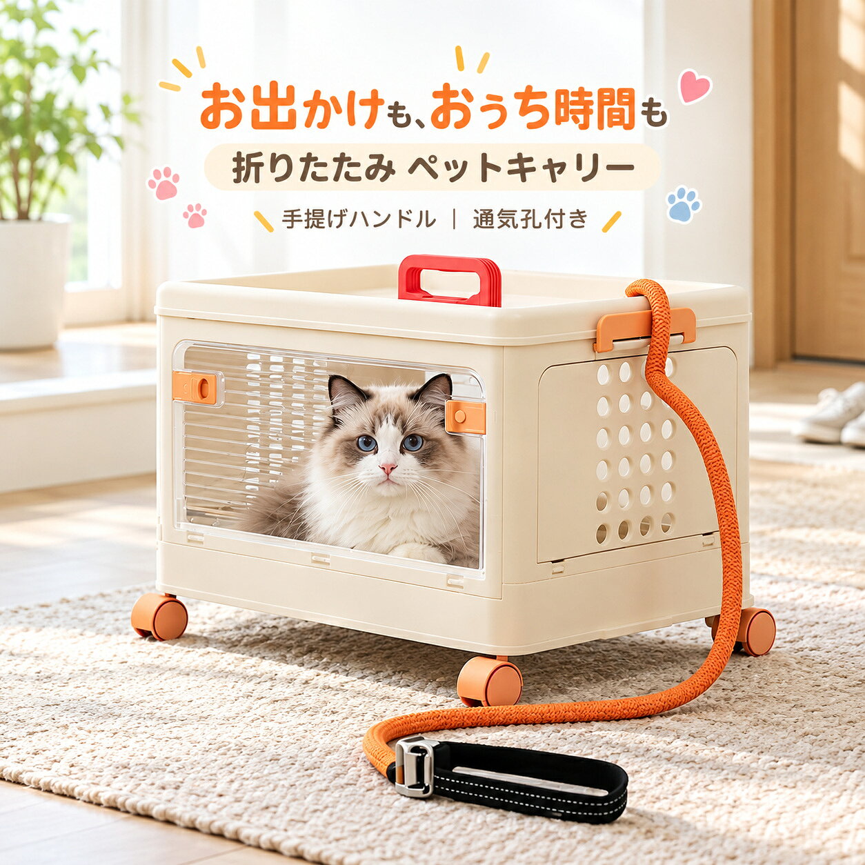 【10/9 15:59まで20%OFFクーポン】折りたたみ ペットキャリー 犬 猫 キャリーケース ペットバッグ 小型犬 猫用 透明窓 通気 持ち手 キャスター付き コンパクト 収納 お出かけ 通院 旅行 車移動 室内 ペット用品 クリーム S L 外出