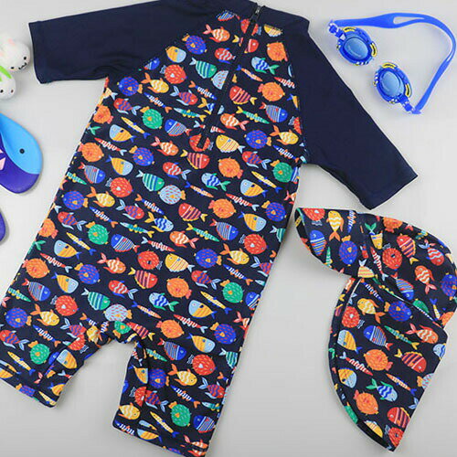 水着 男の子水着 子供水着 キッズ 男の子 80cm 90cm 100cm110cm 120cm ネイビー 連帯衣装 帽子付き 水遊び 海 温泉 プール 子供 ボーイ とても可愛い お魚 魚柄