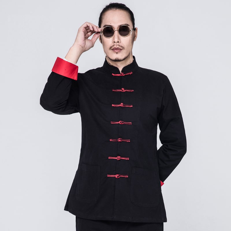 楽天チャイナカジュアル 楽天市場店チャイナ服 メンズ チャイナジャケット カンフー服 太極拳服 唐装 男性用 2色使い チャイナボタン ストレッチ 中華風 【送料無料】