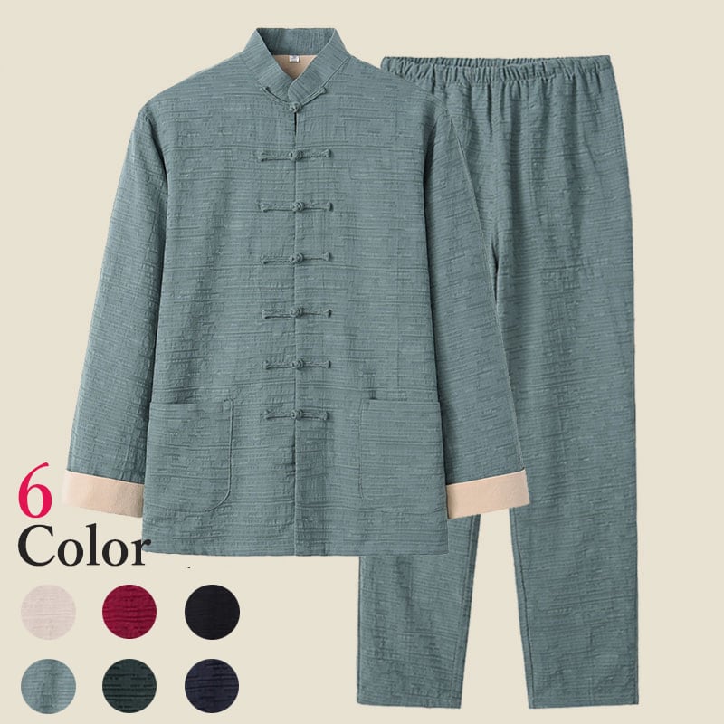 チャイナ服 メンズ スーツ カンフー服 太極拳服 唐装 上下セット 男性用 セットアップ 中華風 立ち襟 チャイナボタン ダブルフェイス ジャガード柄 綿麻 【...