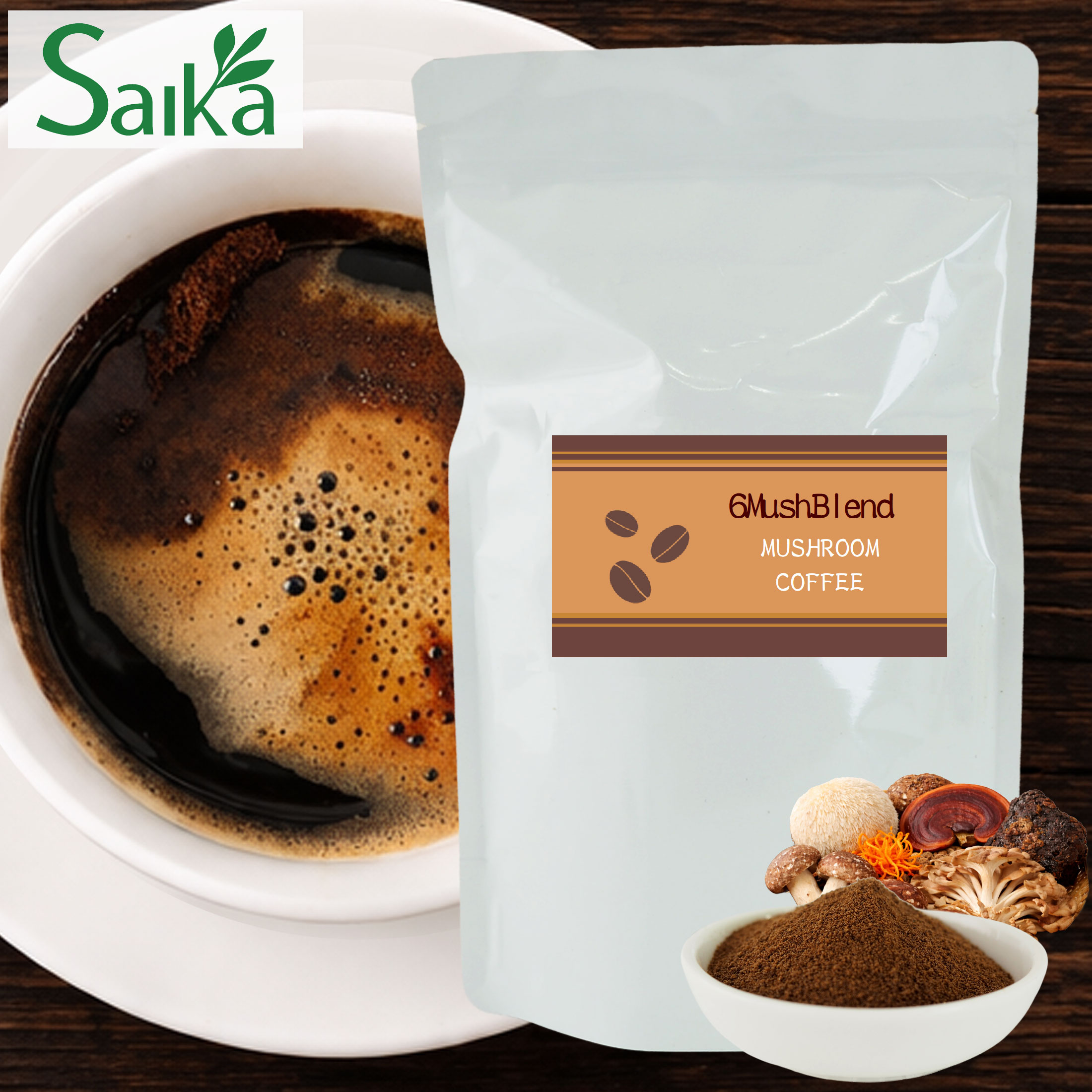 マッシュルームコーヒー きのこ6種ブレンド 100g（約50杯分）コーヒー粉末加工品 ヤマブシタケ 霊芝 チャーガ マイタケ 冬虫夏草 シイタケ ラテ アダプト 菌活 Saika