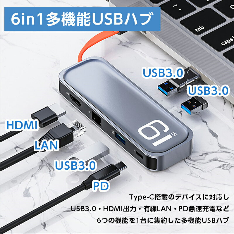 USBハブ 6in1 USB Type-C ハブ HDMI 4K USB3.0 LAN PD急速充電 SDカードリーダー microSD ノートパソコン USB C ハブ ノートPC 高速転送 高解像度 USB3.0ポート 5Gbps テレワーク ガジェット ★レビューで特典を選べる chips-10011592 インクのチップス 楽天市場店 サンプル画像3