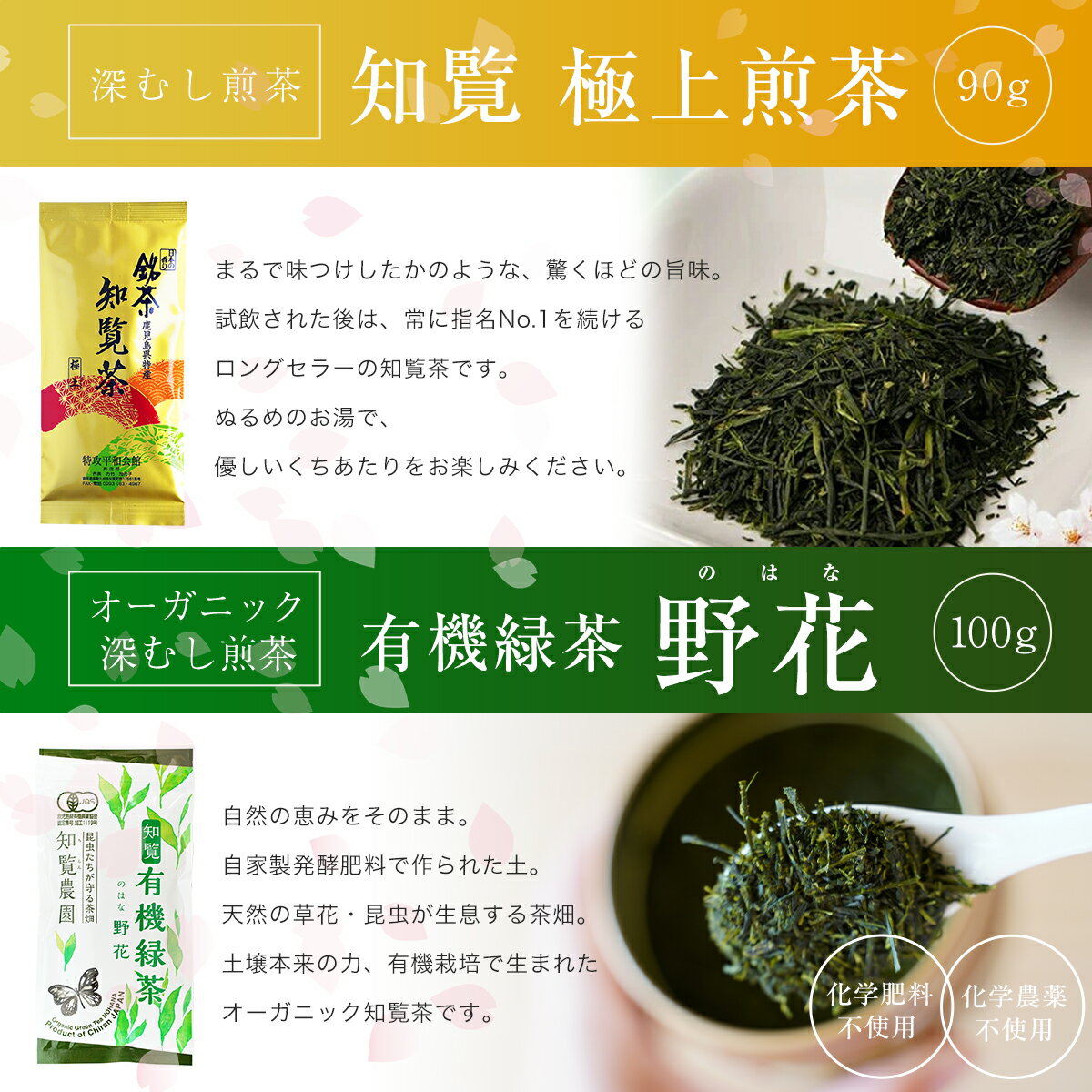 【 新茶になりました! 】 【送料無料】知覧茶 ギフトセット 煎茶 深蒸し茶 極上 90g ＆ 有機栽培緑茶 野花 100g l 緑茶 茶葉 深蒸し 鹿児島 敬老の日 お中元 プレゼント 贈り物 父の日 母の日 お歳暮 新築祝い 内祝い 香典返し 法事 ホワイトデー お悔やみ お中元などにも 3