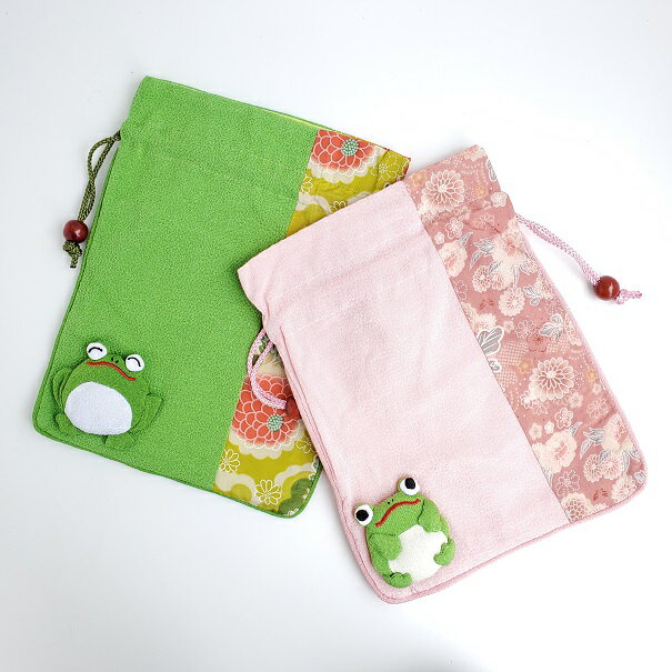 巾着バッグ 巾着袋 [かえる 巾着 6色 カエルシリーズ] 蛙 カエル 大きめ 整理 大容量 縮緬 ちりめん 便..