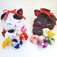 吉祥招き猫シリーズお手玉入り巾着(2色)