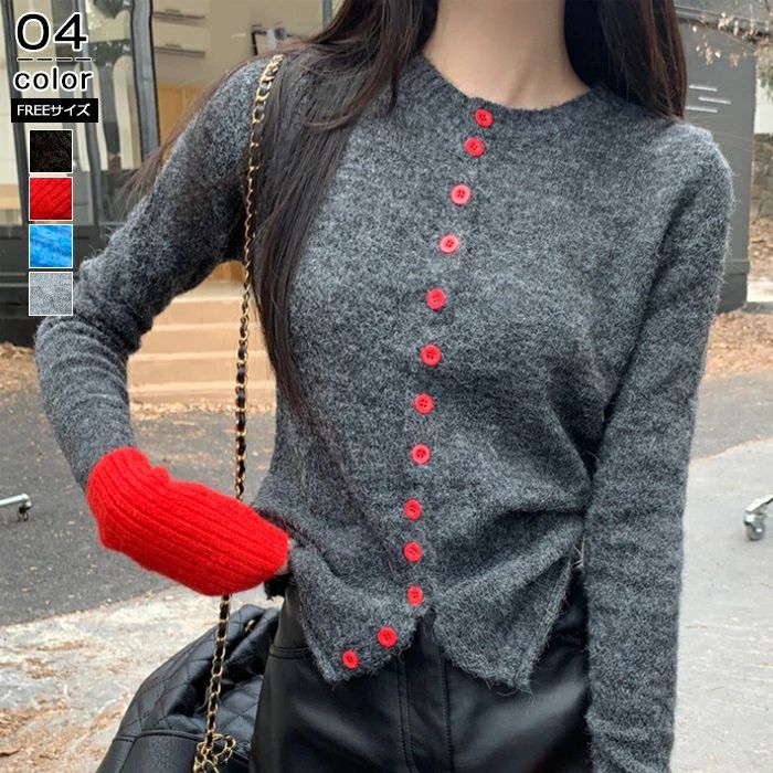 レディース ニットトップス パッチワーク風 カーディガン系アイテム 秋冬新作 羽織り 丸首 長袖 セーター 体型カバー インナー 柔らか 着回し 韓国風 無地 おしゃれ 大人 アシンメトリーボタン 上品 パッチワーク風