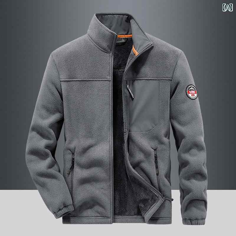 フリースジャケット メンズ アウトドア スポーツウェア 防寒 登山ウェア 厚手 ジップアップ ブルゾン ジャンパー カーディガン 部屋着 秋冬 グレー 黒 青 カーキ(x2)