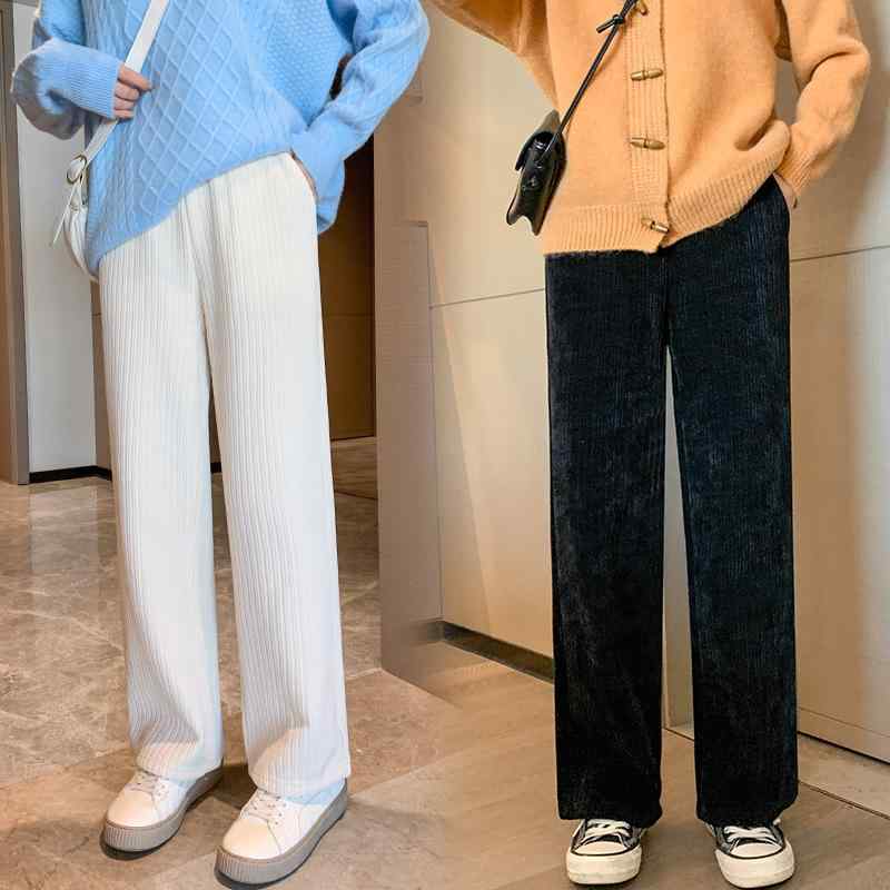 Rakuten - パンツ レディース シェニール コールテン ワイドレッグパンツ 裏起毛 厚手 ハイウエスト ストレート 9分丈 カジュアル 公主風 伸縮性 ブラック 黒 杏色
