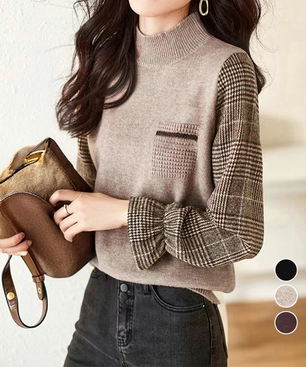 Rakuten - きれいめニット人気 秋服 チェック柄ドッキングニットレディース 大人可愛いセーター 袖異素材ニット秋冬