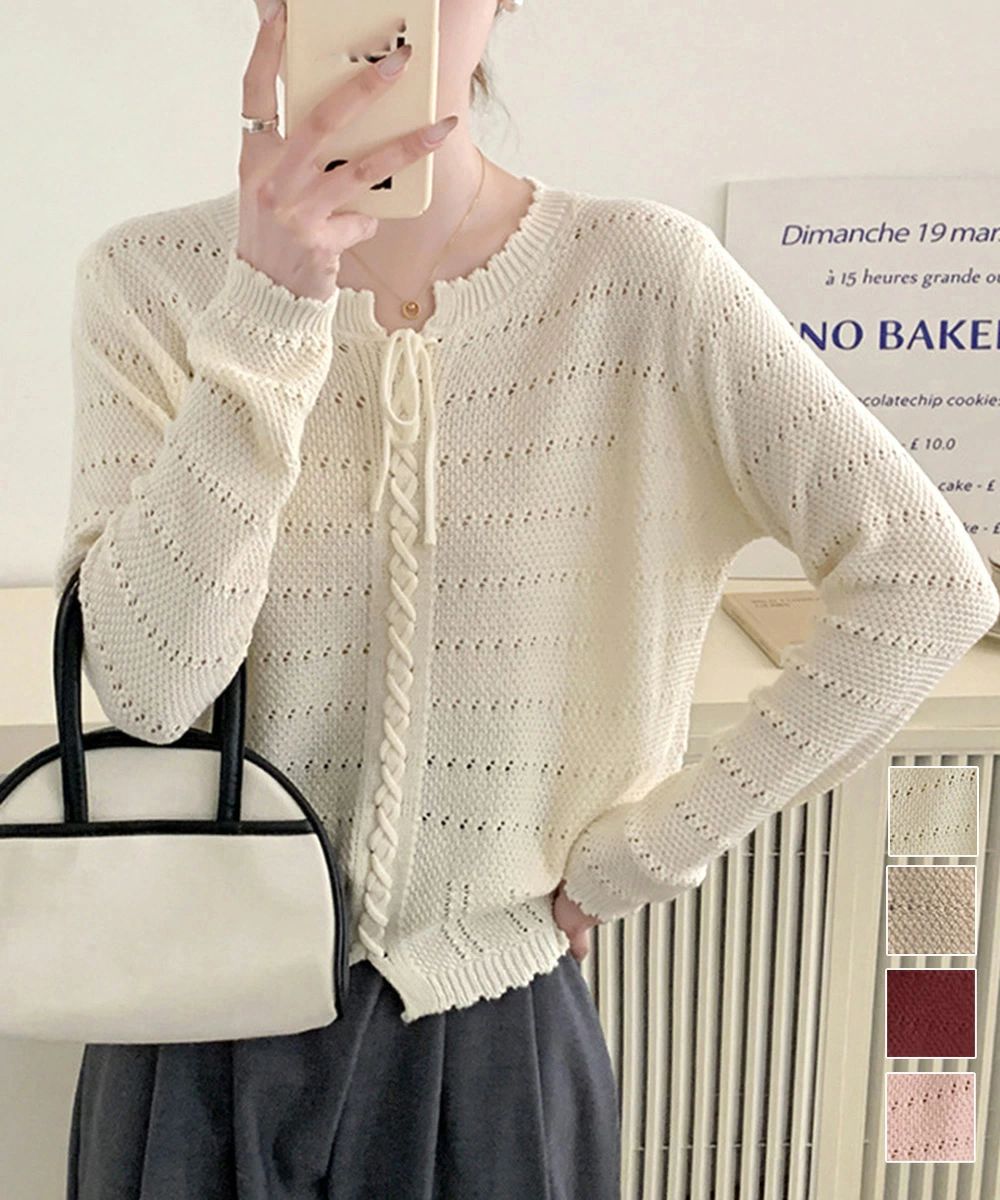 ニットソー リボンレースアップ春秋 プルオーバー オフィスカジュアル ニットトップス 薄手 韓国風