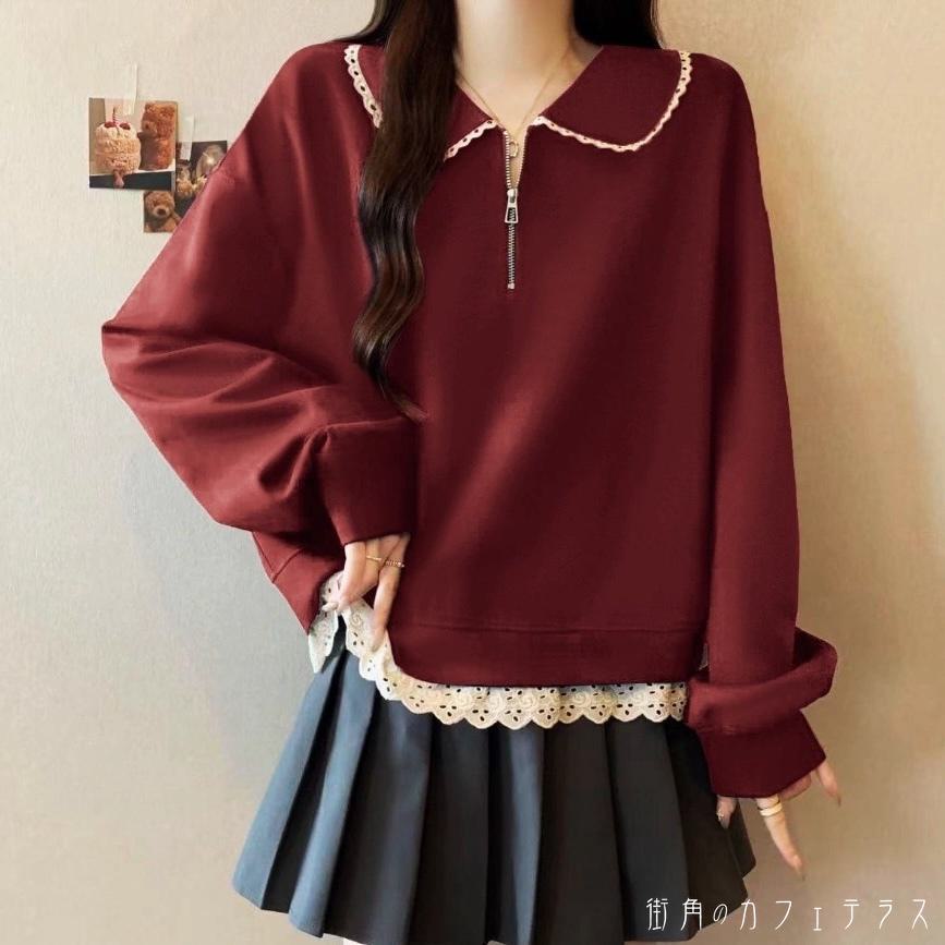 T-Shirts - カットソー レディース オフィス 通勤 30代 カラー切り替え キュート 20代 ハーフジップ お出掛け カジュアル ネイビー キーネック レース スキッパー フェイクレイヤード トップス 重ね着風 素材組み合わせ 40代 シンプル 通学 クルーネック 大人かわいい 長袖 レッド