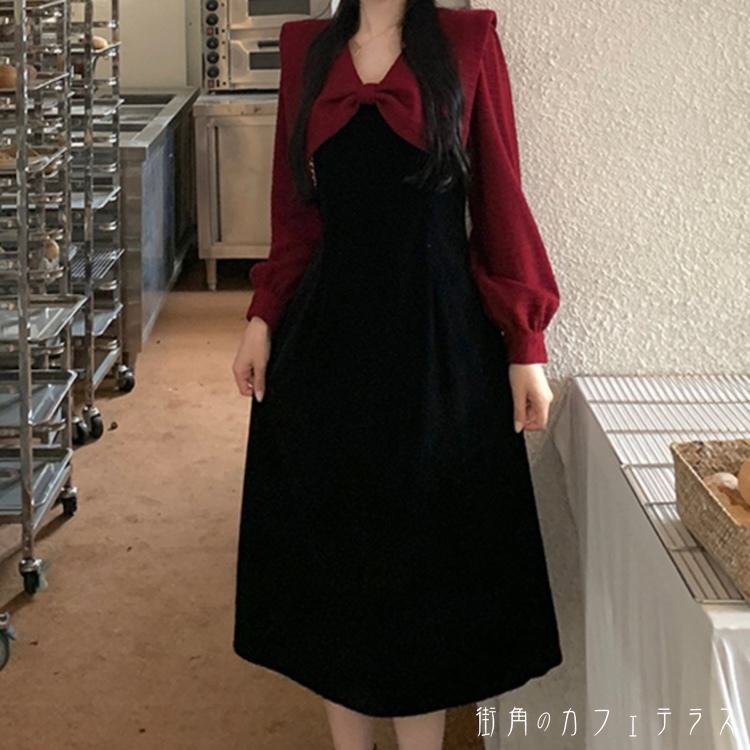 Rakuten - 体型カバー きれいめ お呼ばれ 二の腕カバー 秋冬 通勤 ふんわり袖 お出掛け オフィス ミディアム丈 ミドル丈 リボン ドッキング 女子会 通学 ワンピース Aライン ブラック 長袖 カラーブロック シンプル レディース 20代 30代 スタイルアップ カラー切り替え 40代