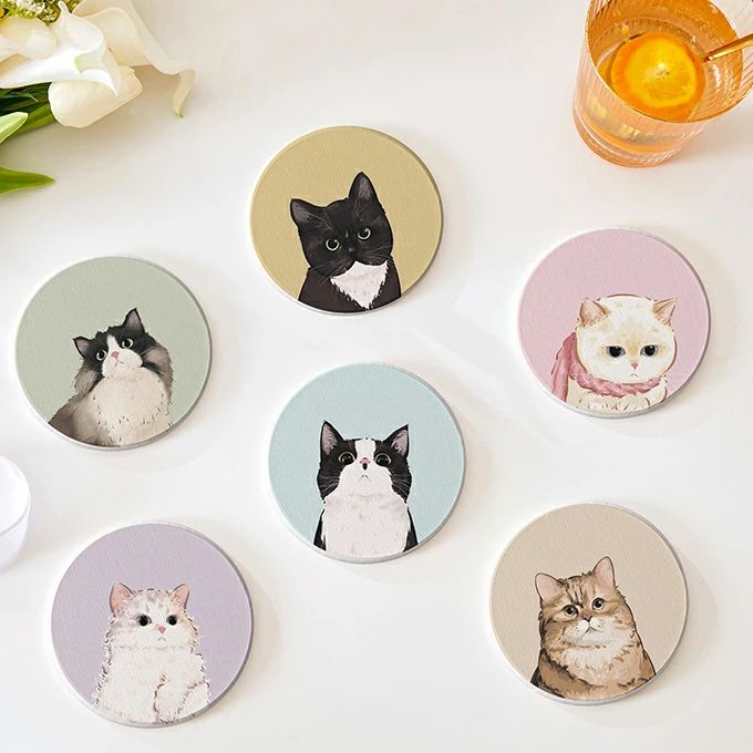 家庭用 猫 断熱 お茶パッド 茶托 丸型 高級 小さめ おしゃれ コーヒー 滑り止め 【6枚入】珪藻土コースター ねこ柄 速乾 可愛い マグ 吸水コースター オフィス用