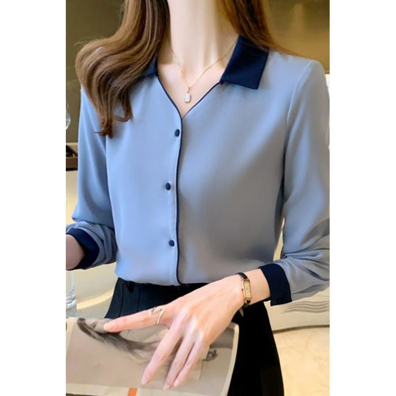 ブルー 春秋 長袖 無地 カジュアル おしゃれ 30代40代50代 大きいサイズ シンプル 会社 制服 フォーマル レギュラー シワになりにくい オフィス OL 通勤 就活 トップス Vネック 事務服 レディース シフォン ブラウス Yシャツ 【送料無料】シャツ