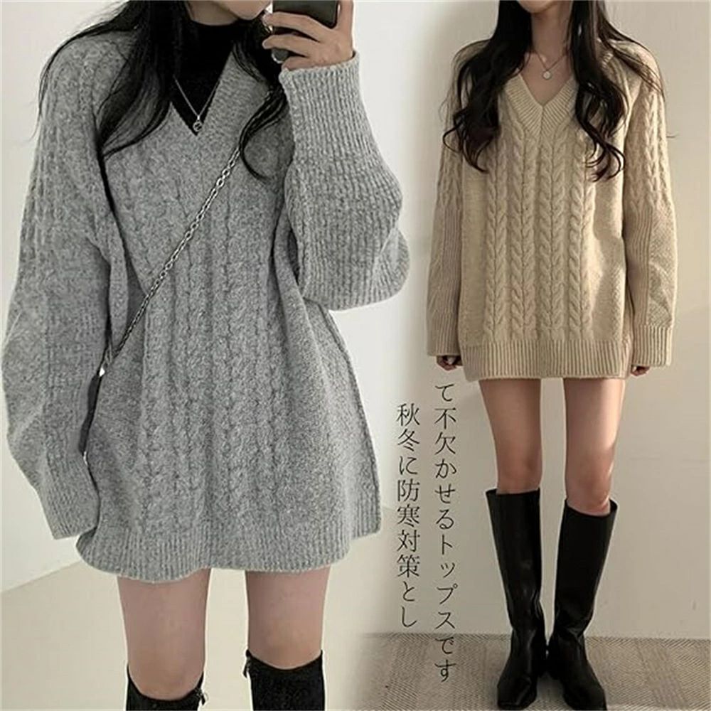 冬 秋 無地 上品 カジュアル通勤 おしゃれ あたたかい 柔らかい プルオーバー ケーブル編み オーバーサイズ 大きめ ロング ゆったり トップス ニット Vネック レディース セーター