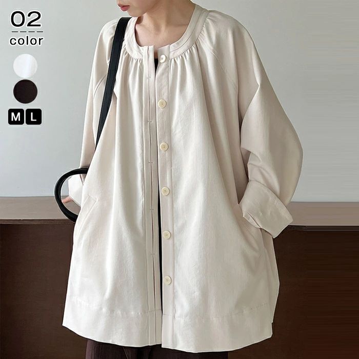 ジャケット ロング レディース アウター トップス オーバー お尻が隠れる コート 無地 長袖 クルーネック ライトアウター コクーン ノ..