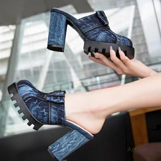サンダル レディースファッション ミュールラウンドトゥ スタイリッシュ モード感 デニム チャンキーヒール 美脚効果 個性的 高級感 上品 華麗 大人可愛い お洒落 韓国風 20代 30代 40代