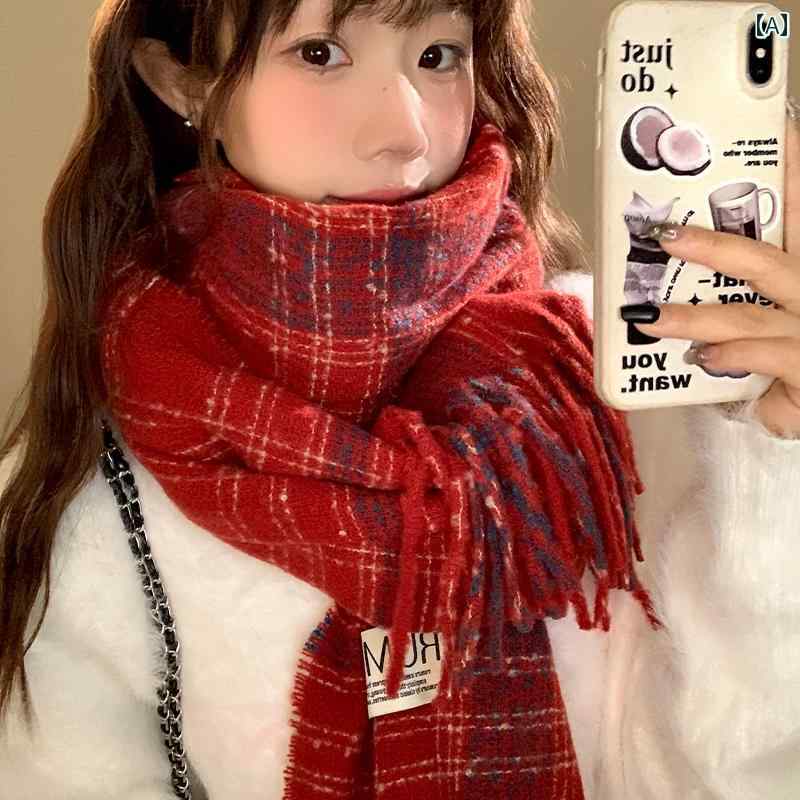 Rakuten - マフラー 赤 チェック柄 レディース 秋冬 スタイル 暖かい 学生 カップル ショール スカーフ カシミヤ風 ティーンエイジャー ファッション カジュアル 普段使い 通学通勤 保温 防寒