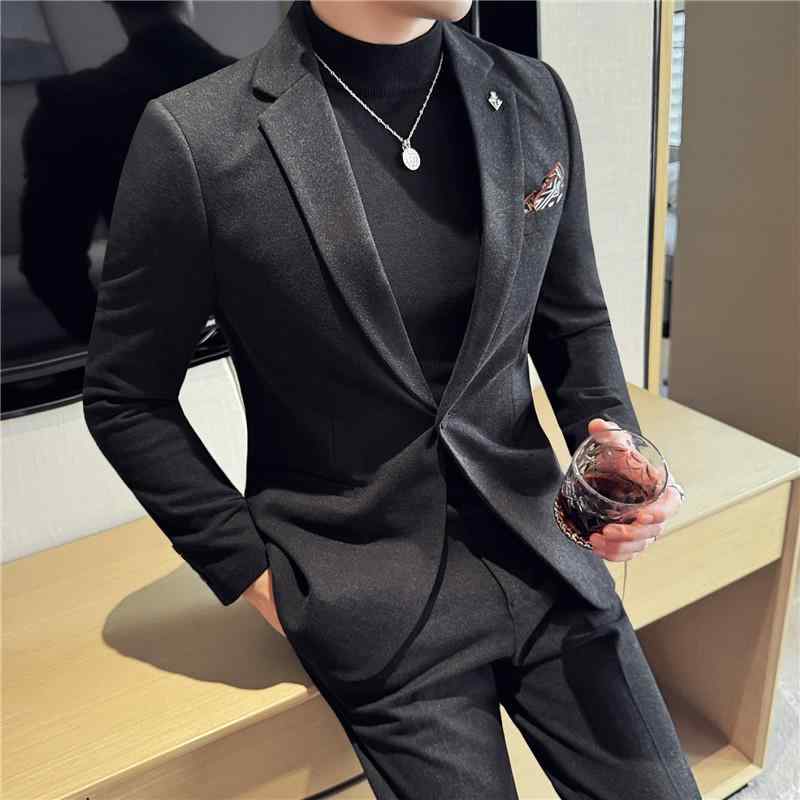 スーツ メンズ 男性用 秋冬 厚手 高級感 韓国風 スリムフィット シングル1つボタン ジャケット スラックス セットアップ レーヨン混紡 オフィスカジュアル ビジネス 結婚式 新郎 フォーマル ブラック