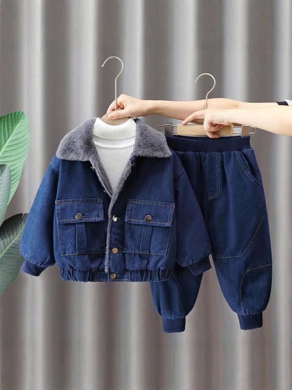 キッズ 男の子 男児 ボーイズ デニム セットアップ パンツ 上下セット 秋冬 裏起毛 裏ボア 厚手 あったか 保温 おしゃれ ストリート系 韓国ファッション 綿 コットン カジュアル かわいい 長袖シャツ 長ズボン ブルー 普段使い お出かけ 通園