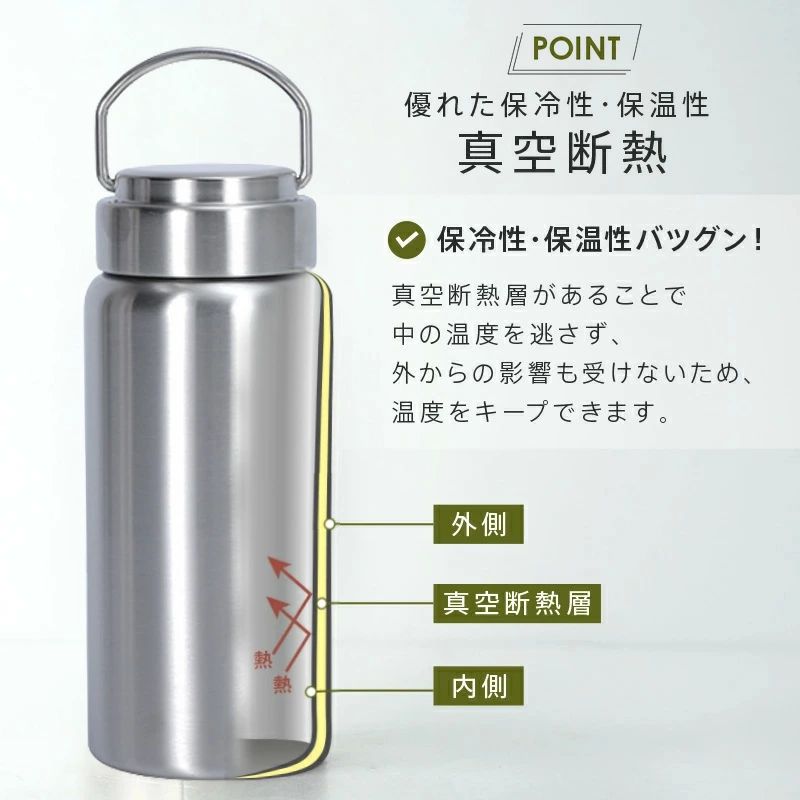 高品質ステンレス使用 3サイズ選べる ステンレスボトル 真空断熱 シンプル おしゃ...