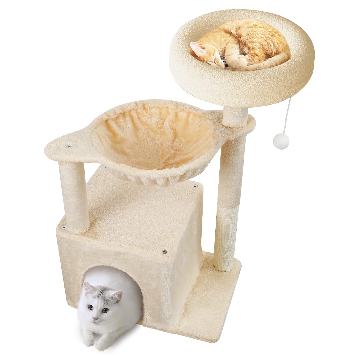 隠 ポンポン猫じゃらし 43*30cm安定感UP 据え置き式省スペース 転落防止 ハンモック付き 高さ75cm展望台 猫タワー 木製 キャットタワー