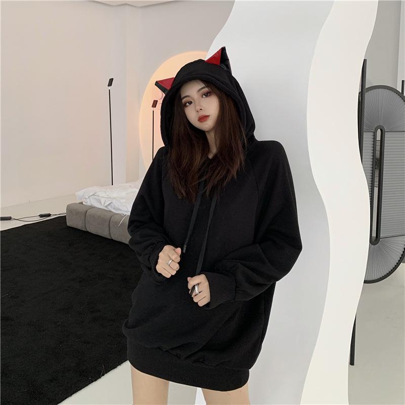 ブラック かわいい ゆったり 暖かい 長袖 トップス プルオーバー スウェット 裏起毛 チュニック丈 フーディー 猫耳 秋冬 レディース パーカー