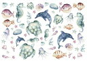 白磁用転写紙Q 9068 アンダーザシー / 海の生き物 sea 魚fishフィッシュ イルカ亀カメ サンゴ クラゲ タツノオトシゴ サンゴ礁 貝殻 ヒトデ星q...