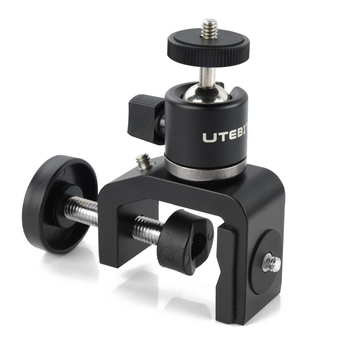 UTEBIT カメラ クランプ 雲台 小型 1/4ネジ 耐荷重2kg C型クランプ カメラスタンド クランプ 強化アルミ製 三脚 ボールヘッド シュー付き カメラ固定クランプ 幅30mmまでのホルダーに設置可能 …