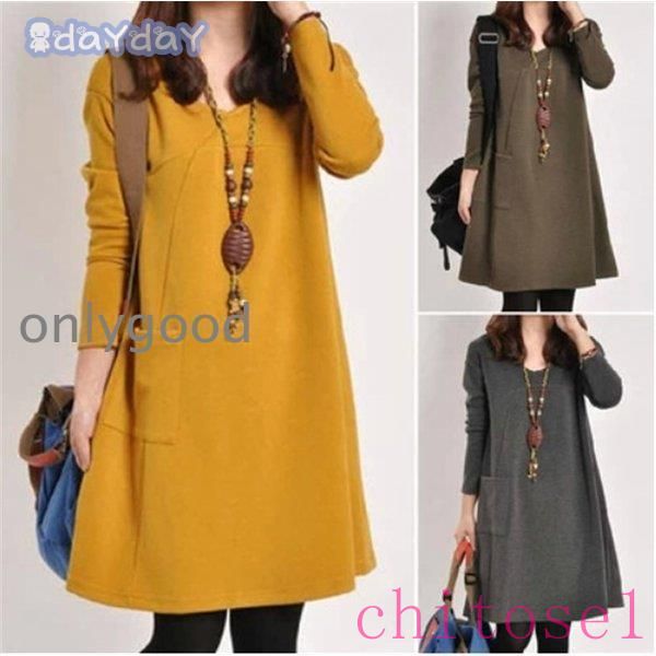 ワンピース レディース 膝丈 チュニック チュニックワンピース 長袖 秋冬 体型カバー 着痩せ ゆったり カジュアル お洒落 通勤 Aライン OL 大人 30代 40代