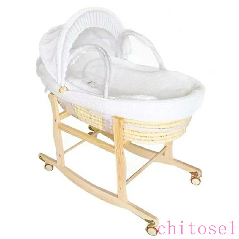 ベビーバスケット ベビー用クーファン ゆりかご 敷きふとん付き 木製クーハンスタンド付き ナチュラル ..