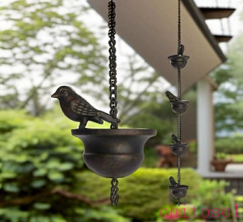 期間限定5%クーポン 付属ハンガー 雨樋 雨どい 鎖樋 縦樋レインチェーン カップ上の鳥 chitose1 側溝縦樋 モバイル 100cm ダークブロンズ 8個のカップとフック付き 雨水ダイバーター キャッチャーチェーン