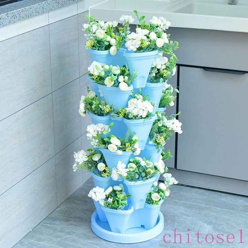 【期間限定15％OFFクーポン配布中！】6段垂直ガーデンプランター ホイール付き 4バルブ プラスチック ..