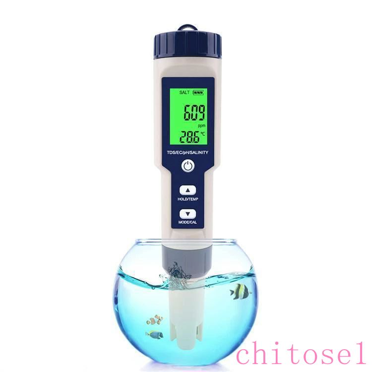 期間限定5%クーポン 水産養殖専用 水質測定器 5 in 1 pH/EC/TDS/塩分濃度/温度測定器 PPM検査 塩分濃度計 自動温度補償 減塩生活 水耕 海水 水族館 海洋 錦鯉池など chitose1 多機能 軽量 大容量 省スペース