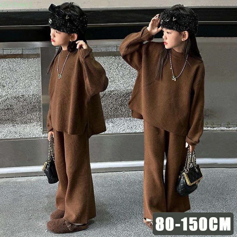 乐天商城 - 期間限定5%クーポン 体型カバー ワイドパンツ パンツ ロングパンツ トップス カットソー キッズセットアップ 女の子 子供服 子供 秋冬 ニット 上下セット 長袖 セットアップ スウェット 2点セット chitose1