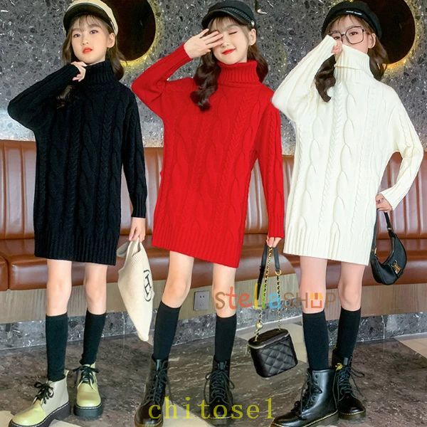 期間限定5%クーポン 子供服 ニット ブラック キッズ 子供用 女の子 レッド アンズホワイト 秋冬 新品 長袖 ハイネック あたたかい 誕生日 結婚式 セーター 秋着 冬着 ワンピー ワンピ 子ども服 chitose1