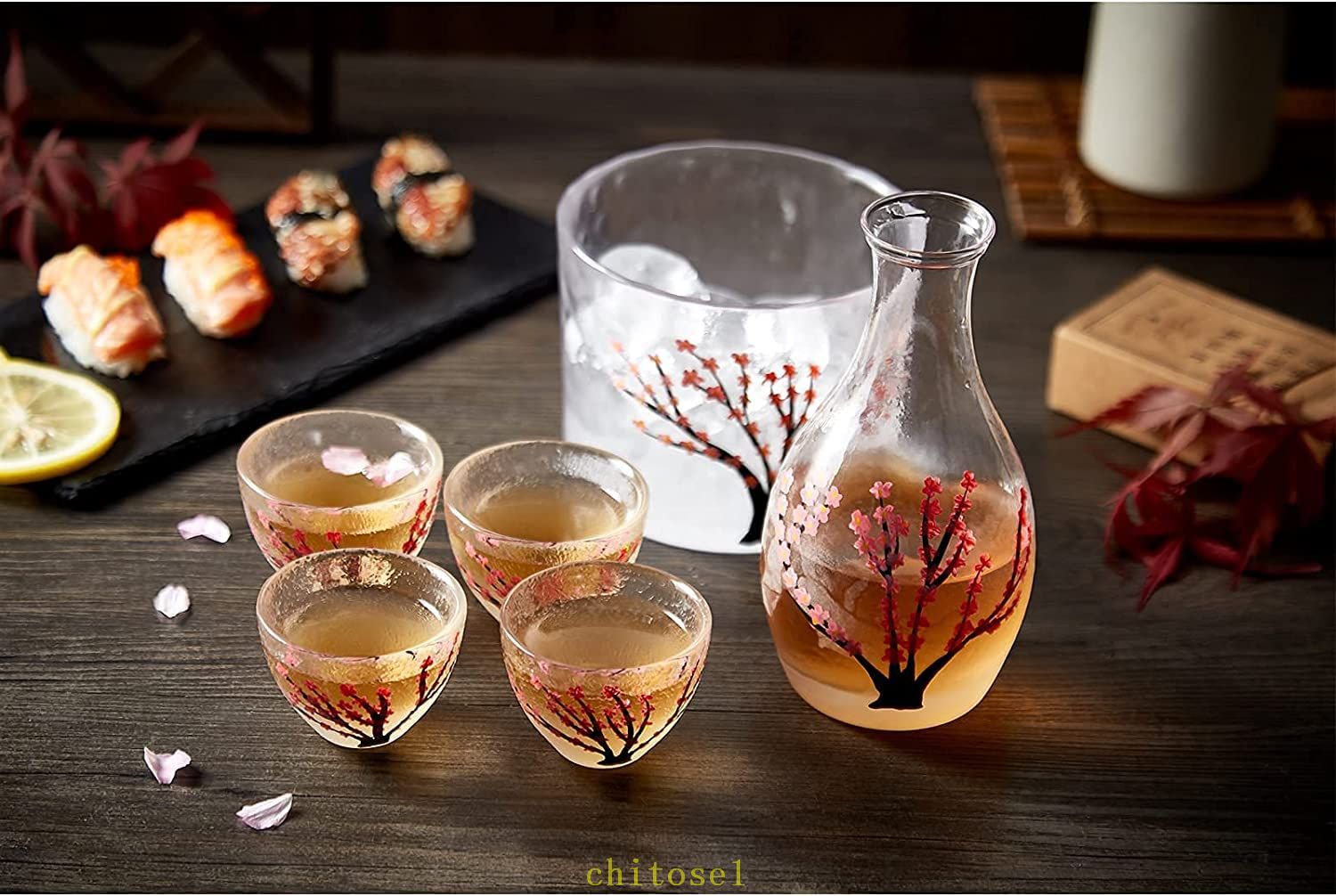 期間限定5%クーポン 和風 ガラス 酒器 セット 桜 お洒落 花見 宴会 晩酌 日本酒 清酒 家飲み 乾杯 お酒好き 面白い 退職祝い 忘年会 新春 迎春 誕生日 慶事 お祝い 結婚祝い 正月 徳利 ぐい呑み 温酒器 ガラス盆 chitose1