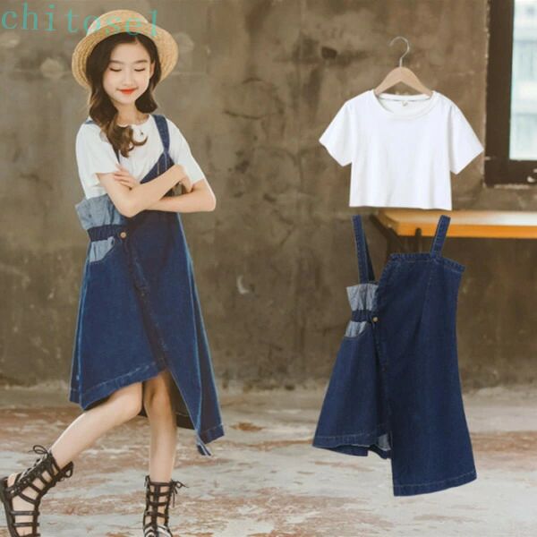 Rakuten - 期間限定5%クーポン 韓国子供服 セットアップ デニムストラップスカート スカートロング丈 キッズ 女の子 chitose1 レジャー 夏服 Tシャツ 2点セット 丸首 半袖 不規則 ガールズ 夏着 お出かけ 通学着