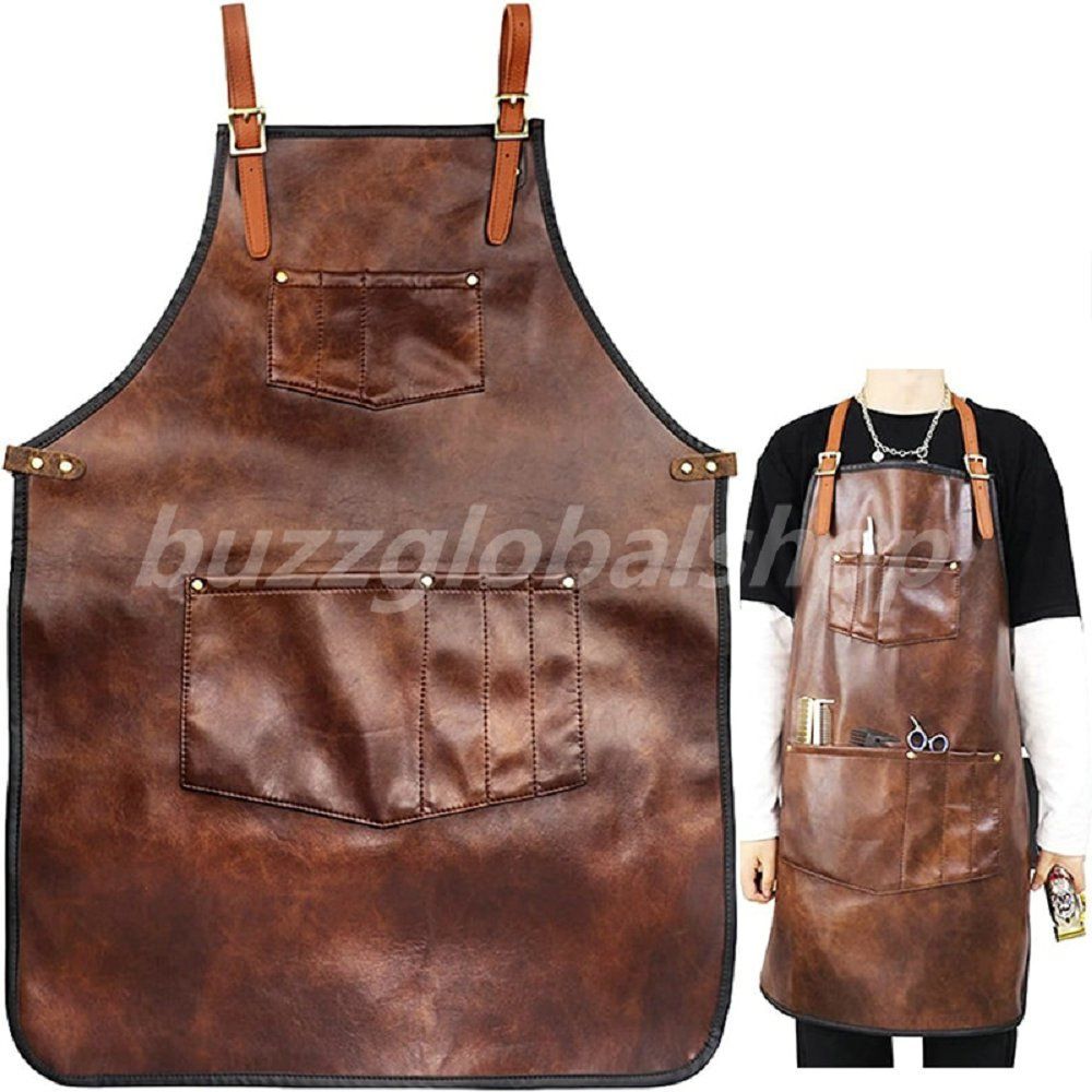 男性用シェフエプロン 女性用防水レザーエプロン クロスバックストラップ ポケット付き キッチンバーベキュー料理 理髪店 手作業 バリスタエプロン