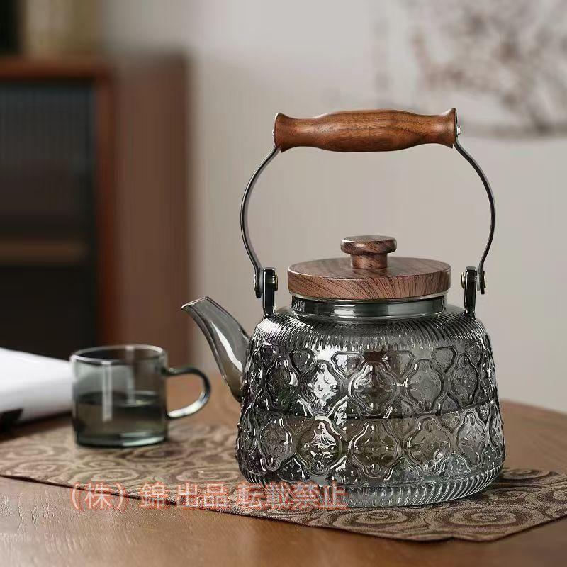 耐熱ガラス ティーポット 紅茶ポット やかん ガラス製ポット ガラス 海棠花 耐熱ガラス 株式会社錦 木製持ち手 ガラス急須 1000ml コーヒー ポット ガラ